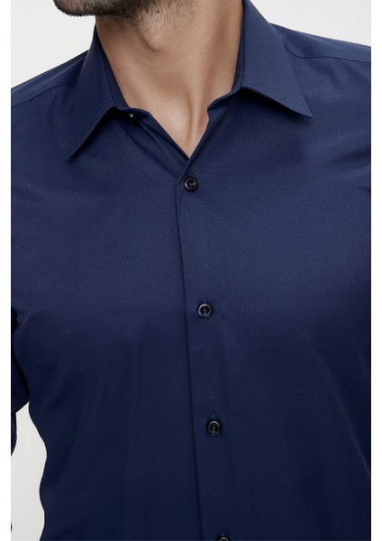 Slim Fit Pamuk Saten Klasik Lacivert Gömlek Gk 624 fırsatları