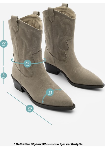 Kadın Sivri Burun Nakışlı Western Bot Nilva Vizon Süet