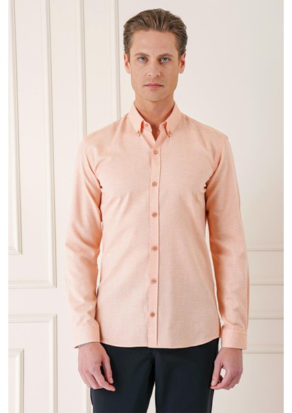 Slim Fit Düğmeli Yaka Dokulu %100 Pamuk Klasik Somon Gömlek Gk 724