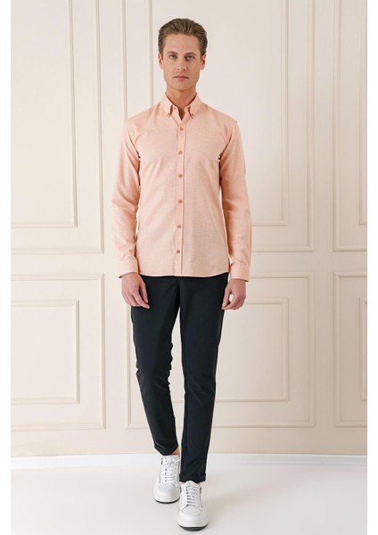 Slim Fit Düğmeli Yaka Dokulu %100 Pamuk Klasik Somon Gömlek Gk 724 fiyatları