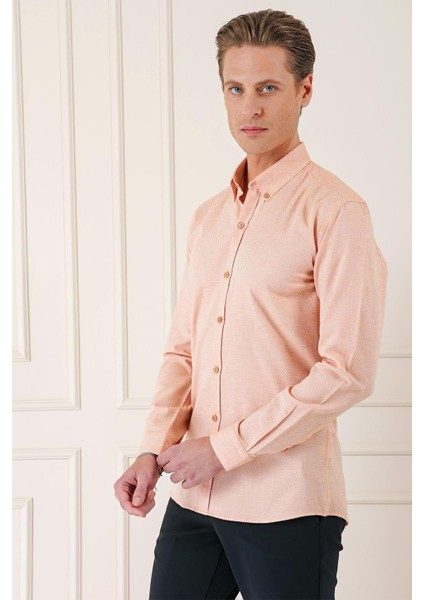Slim Fit Düğmeli Yaka Dokulu %100 Pamuk Klasik Somon Gömlek Gk 724 modelleri