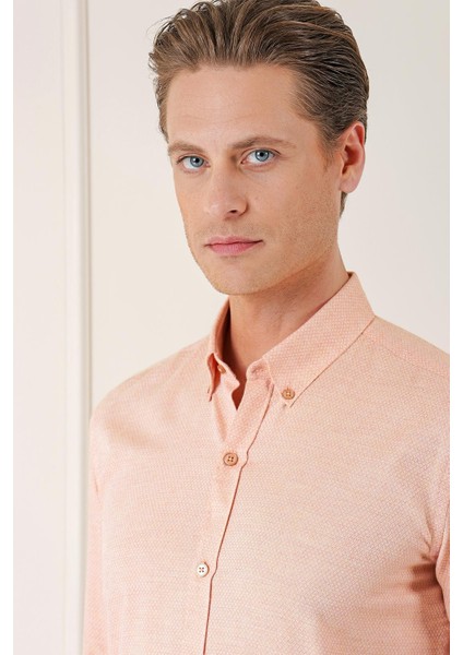 Slim Fit Düğmeli Yaka Dokulu %100 Pamuk Klasik Somon Gömlek Gk 724 fırsatları