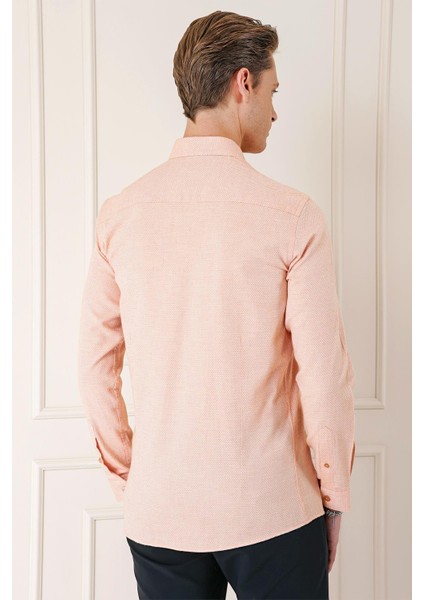 Slim Fit Düğmeli Yaka Dokulu %100 Pamuk Klasik Somon Gömlek Gk 724 indirimleri