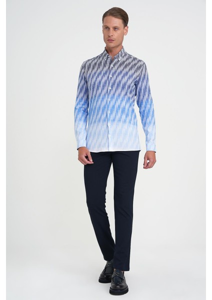 Comfort Fit Pano Desen Düğme Yaka %100 Keten Mavi Gömlek G 1594