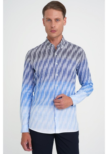 Comfort Fit Pano Desen Düğme Yaka %100 Keten Mavi Gömlek G 1594 fiyatları