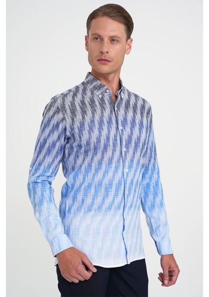 Comfort Fit Pano Desen Düğme Yaka %100 Keten Mavi Gömlek G 1594 modelleri