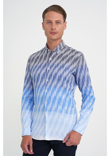 Comfort Fit Pano Desen Düğme Yaka %100 Keten Mavi Gömlek G 1594 fırsatları