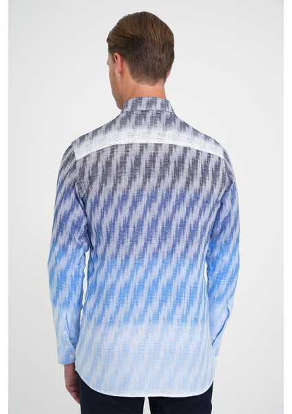 Comfort Fit Pano Desen Düğme Yaka %100 Keten Mavi Gömlek G 1594 indirimleri