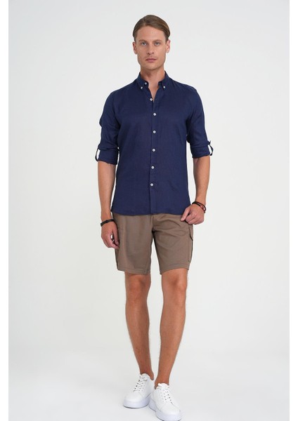 Comfort Fit Düğme Yaka Katlanır Kol %100 Keten Düz Lacivert Gömlek G 1595 fiyatları