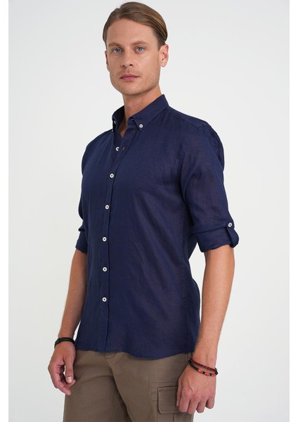 Comfort Fit Düğme Yaka Katlanır Kol %100 Keten Düz Lacivert Gömlek G 1595 modelleri