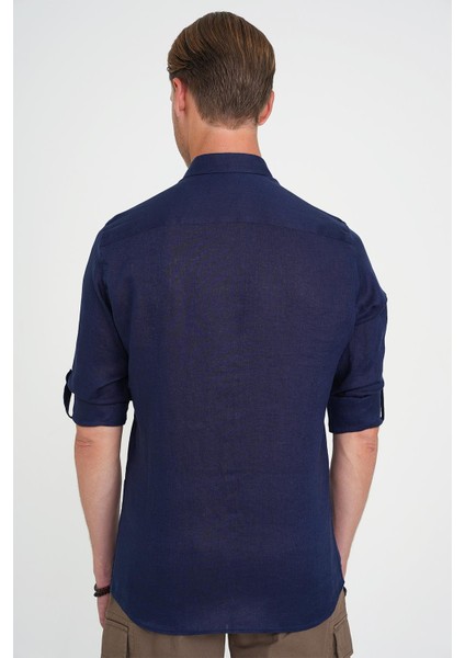 Comfort Fit Düğme Yaka Katlanır Kol %100 Keten Düz Lacivert Gömlek G 1595 indirimleri