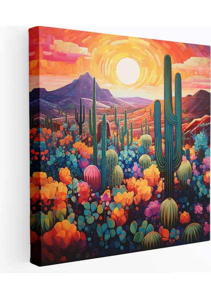 Güneybatı Günbatımı Kanvas Tablo - Güneybatı Ev Dekorasyonu Kaktüs Bahçesi Günbatımı