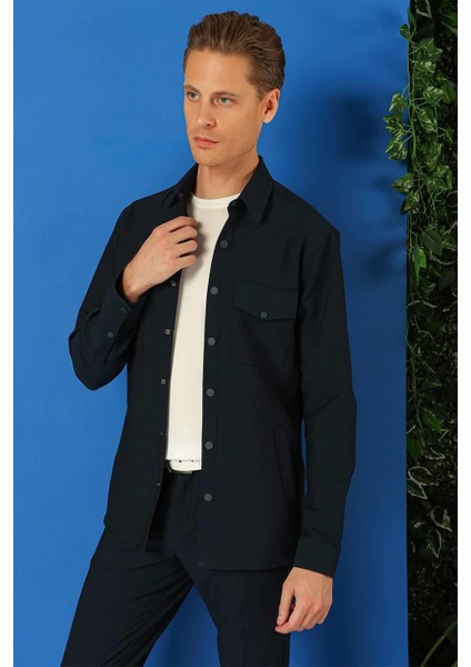 Comfort Fit Yan Cep Çıtçıtlı Esnek Pamuk Lacivert Gömlek Ceket G 1565