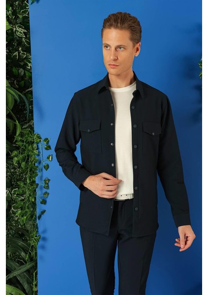 Comfort Fit Yan Cep Çıtçıtlı Esnek Pamuk Lacivert Gömlek Ceket G 1565 modelleri