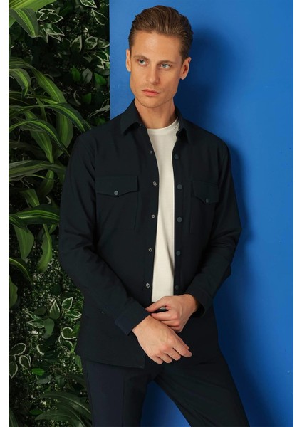 Comfort Fit Yan Cep Çıtçıtlı Esnek Pamuk Lacivert Gömlek Ceket G 1565 indirimleri