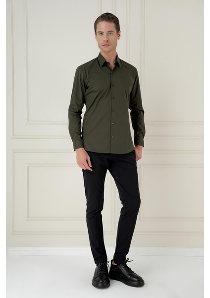 Slim Fit Pamuk Uzun Kol Klasik Haki Gömlek Gk 745 modelleri