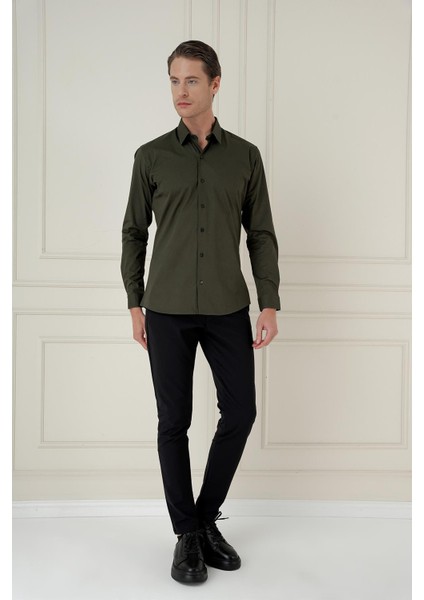 Slim Fit Pamuk Uzun Kol Klasik Haki Gömlek Gk 745 fırsatları