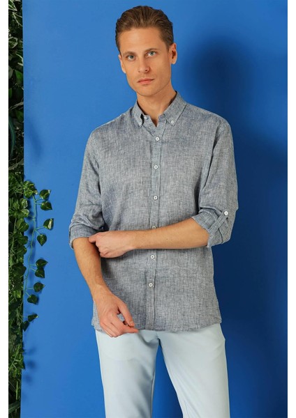 Comfort Fit Düğmeli Yaka %100 Keten Apoletli Casuel Lacivert Gömlek G 1564 modelleri