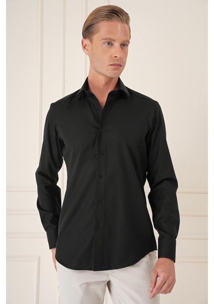 Slim Fit %100 Pamuk Non Iron Kumaş Klasik Siyah Gömlek Gk 735 modelleri