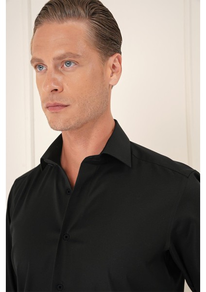 Slim Fit %100 Pamuk Non Iron Kumaş Klasik Siyah Gömlek Gk 735 fırsatları