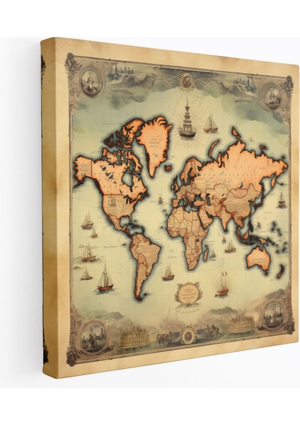 Dünya Haritası Kanvas Tablo - Vintage Harita Illüstrasyonu - Dünya Haritası Antika Tarz Kanvas Duvar Sanatı