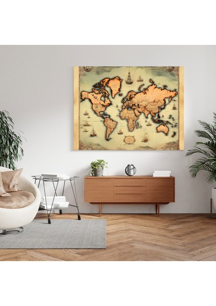 Dünya Haritası Kanvas Tablo - Vintage Harita Illüstrasyonu - Dünya Haritası Antika Tarz Kanvas Duvar Sanatı modelleri