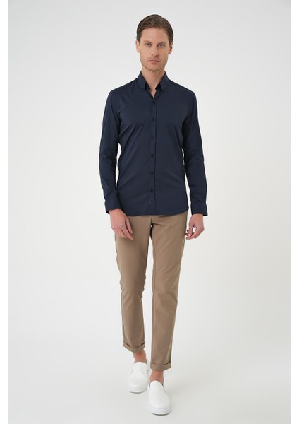 Slim Fit Düğmeli Yaka Esnek Pamuk Klasik Lacivert Gömlek Gk 727