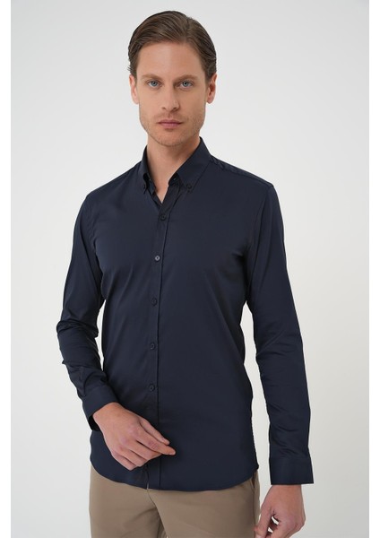 Slim Fit Düğmeli Yaka Esnek Pamuk Klasik Lacivert Gömlek Gk 727 fiyatları