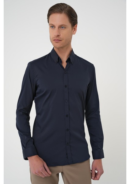 Slim Fit Düğmeli Yaka Esnek Pamuk Klasik Lacivert Gömlek Gk 727 modelleri