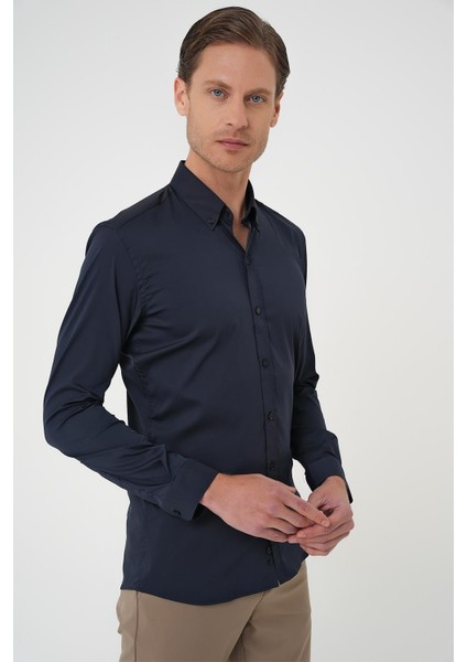 Slim Fit Düğmeli Yaka Esnek Pamuk Klasik Lacivert Gömlek Gk 727 fırsatları