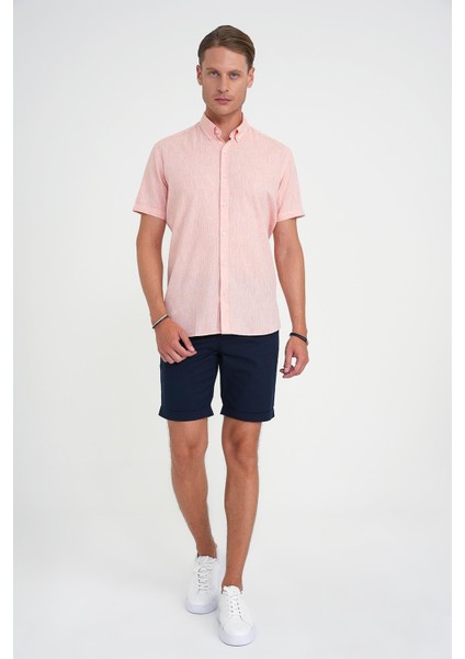 Comfort Fit Düğme Yaka Kısa Kol %100 Keten Düz Somon Gömlek G 1596