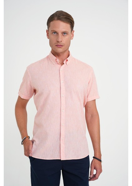 Comfort Fit Düğme Yaka Kısa Kol %100 Keten Düz Somon Gömlek G 1596 fiyatları