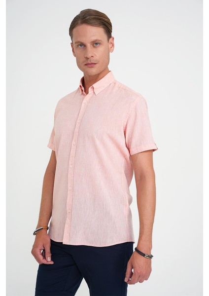 Comfort Fit Düğme Yaka Kısa Kol %100 Keten Düz Somon Gömlek G 1596 modelleri