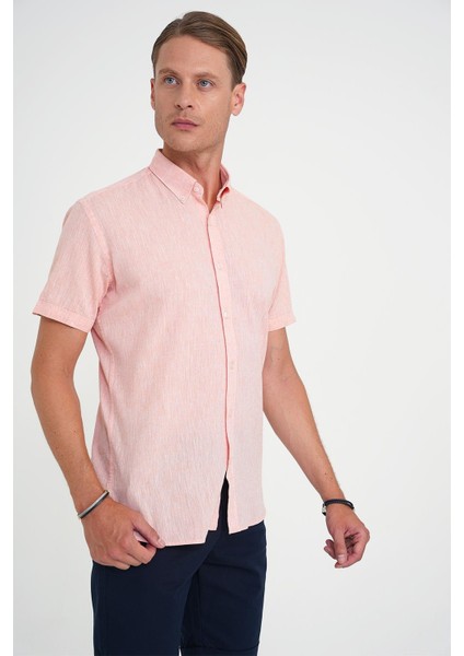 Comfort Fit Düğme Yaka Kısa Kol %100 Keten Düz Somon Gömlek G 1596 fırsatları