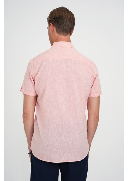 Comfort Fit Düğme Yaka Kısa Kol %100 Keten Düz Somon Gömlek G 1596 indirimleri