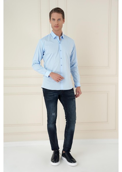 Slim Fit Pamuk Uzun Kol Klasik Mavi Gömlek Gk 745