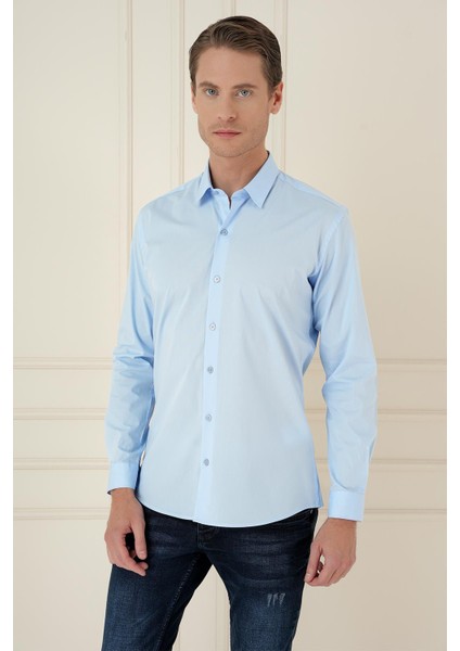 Slim Fit Pamuk Uzun Kol Klasik Mavi Gömlek Gk 745 fiyatları