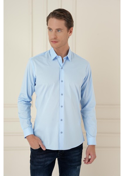 Slim Fit Pamuk Uzun Kol Klasik Mavi Gömlek Gk 745 modelleri