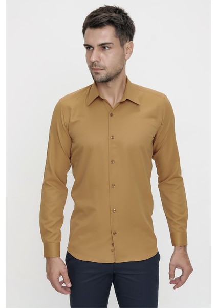 Slim Fit Pamuk Saten Klasik Taba Gömlek Gk 624