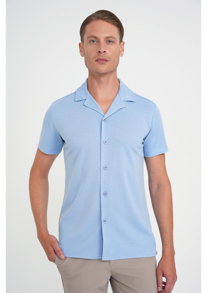 Slim Fit Apaş Yaka Modal Karışımlı Kısa Kol Mavi Gömlek G 1590 fiyatları
