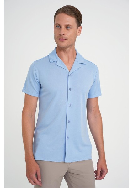 Slim Fit Apaş Yaka Modal Karışımlı Kısa Kol Mavi Gömlek G 1590 modelleri