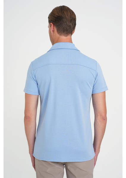Slim Fit Apaş Yaka Modal Karışımlı Kısa Kol Mavi Gömlek G 1590 indirimleri