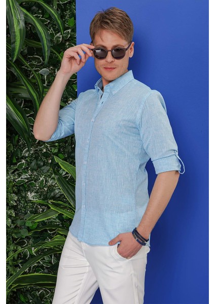 G 1554 Slim Fit Turkuaz Klasik Gömlek