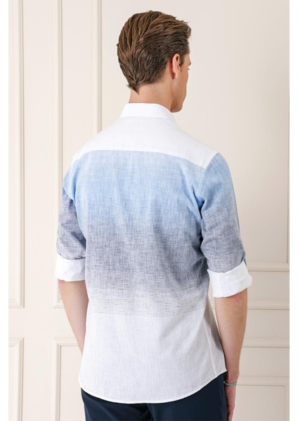 Comfort Fit Degrade Desen Apoletli %100 Keten Mavi Gömlek G 1572 indirimleri