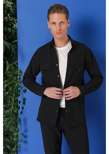 Comfort Fit Yan Cep Çıtçıtlı Esnek Pamuk Siyah Gömlek Ceket G 1565 fiyatları