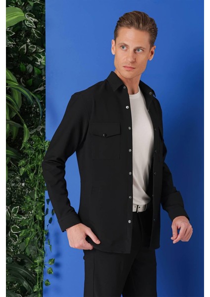 Comfort Fit Yan Cep Çıtçıtlı Esnek Pamuk Siyah Gömlek Ceket G 1565 fırsatları
