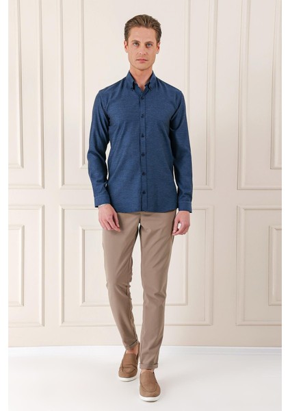 Slim Fit Düğmeli Yaka Dokulu %100 Pamuk Klasik Lacivert Gömlek Gk 724 fiyatları