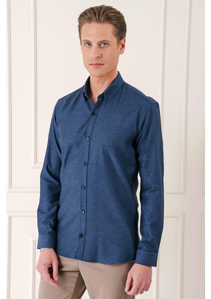 Slim Fit Düğmeli Yaka Dokulu %100 Pamuk Klasik Lacivert Gömlek Gk 724 modelleri