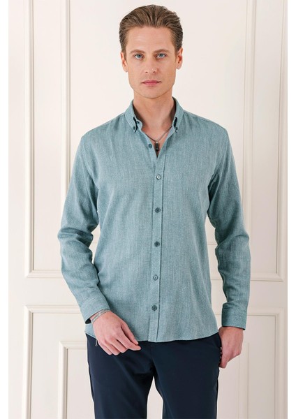 Slim Fit Düğmeli Yaka %100 Pamuk Klasik Yeşil Gömlek Gk 723