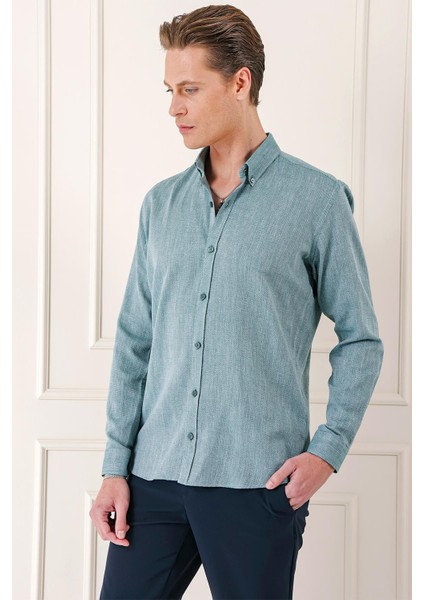 Slim Fit Düğmeli Yaka %100 Pamuk Klasik Yeşil Gömlek Gk 723 modelleri